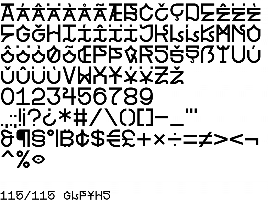 Complete Paradox character set: 115 glyphs including accents, numerals and symbols