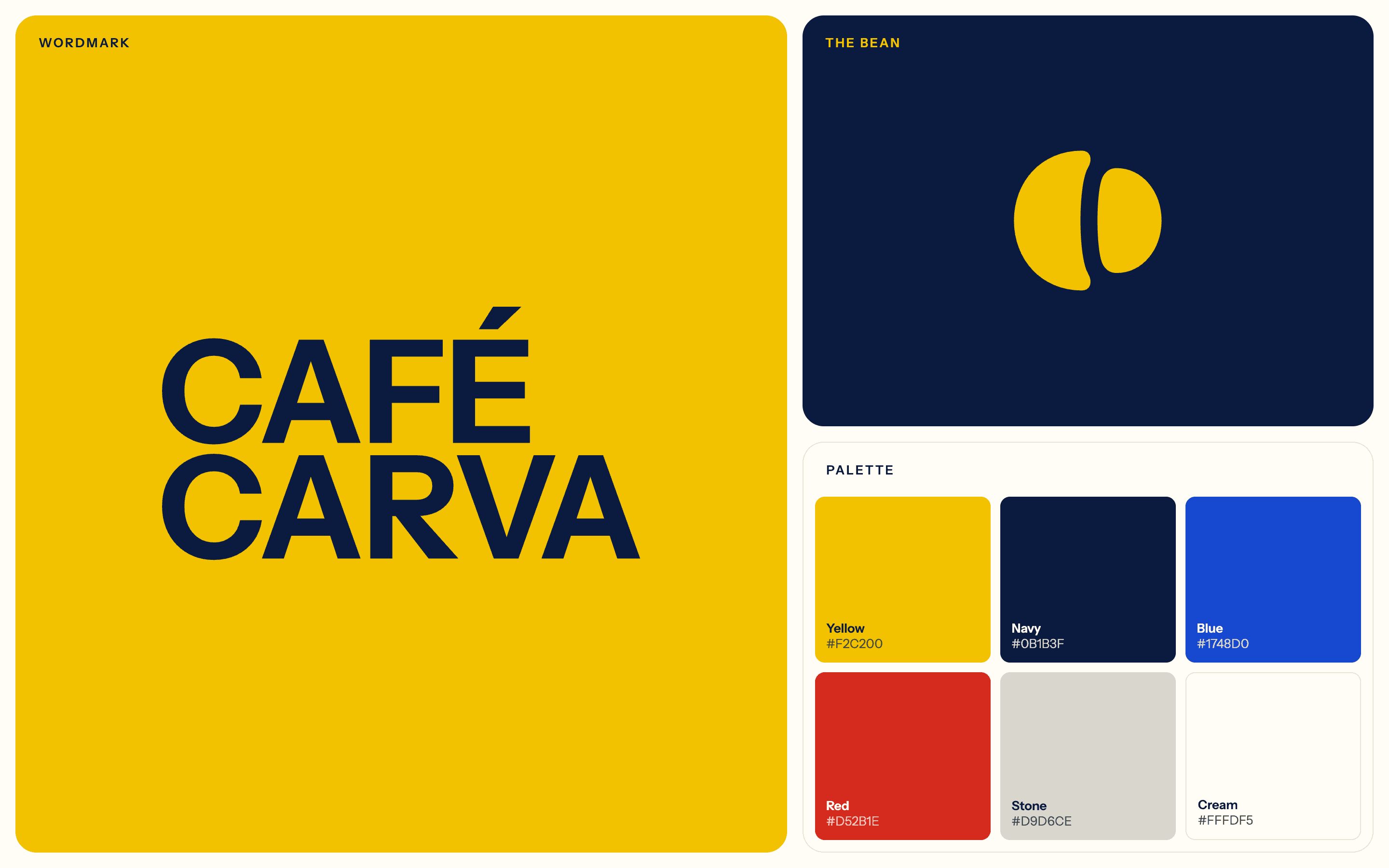 Identität von Café Carva: Wortmarke, die Bohne als Zeichen und die Palette