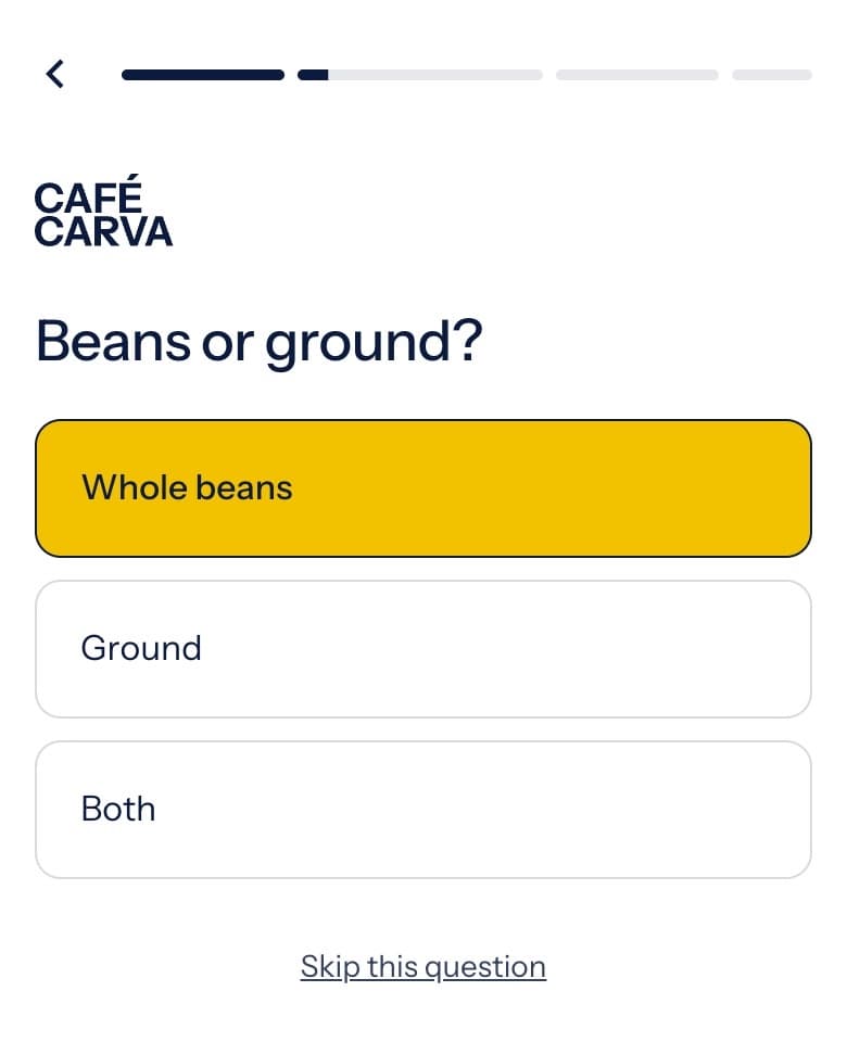 Anmeldung bei Café Carva: eine Frage pro Screen