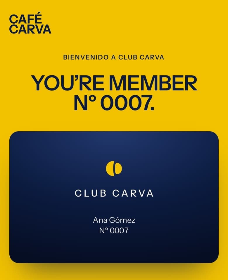 Willkommens-Screen von Café Carva mit nummerierter Mitgliedskarte